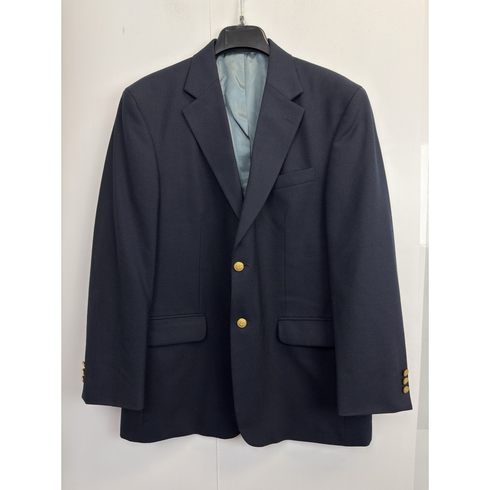 Vtg Stafford 42R Navy Blue Hopsack Gold Button Wool‎ Blazer Jacket Sport Coat